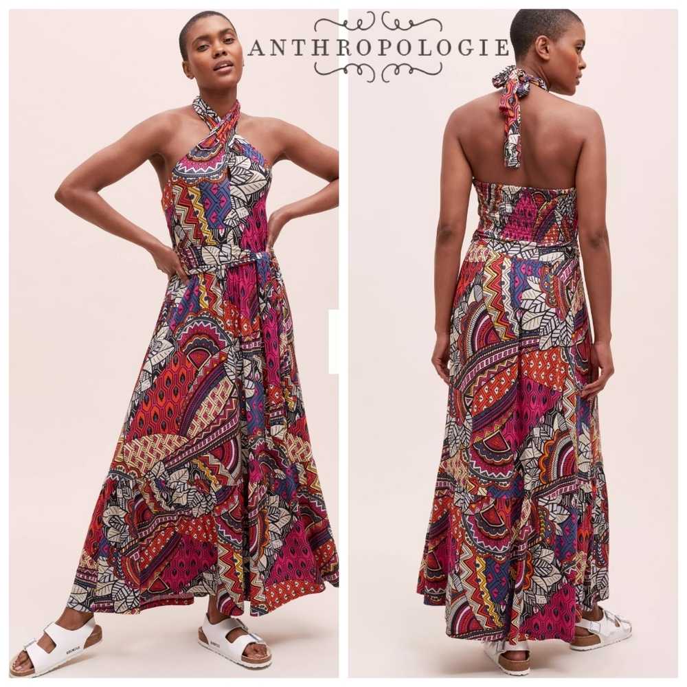 Anthropologie Multicolor Halter Maxi Dress - Pink, Red, Blue, Yellow